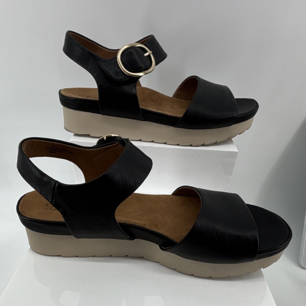 Eurosoft by Sofft Women's 11 Black Strappy Buckle Wedge Platform Sandals Casual - Picture 2 of 10